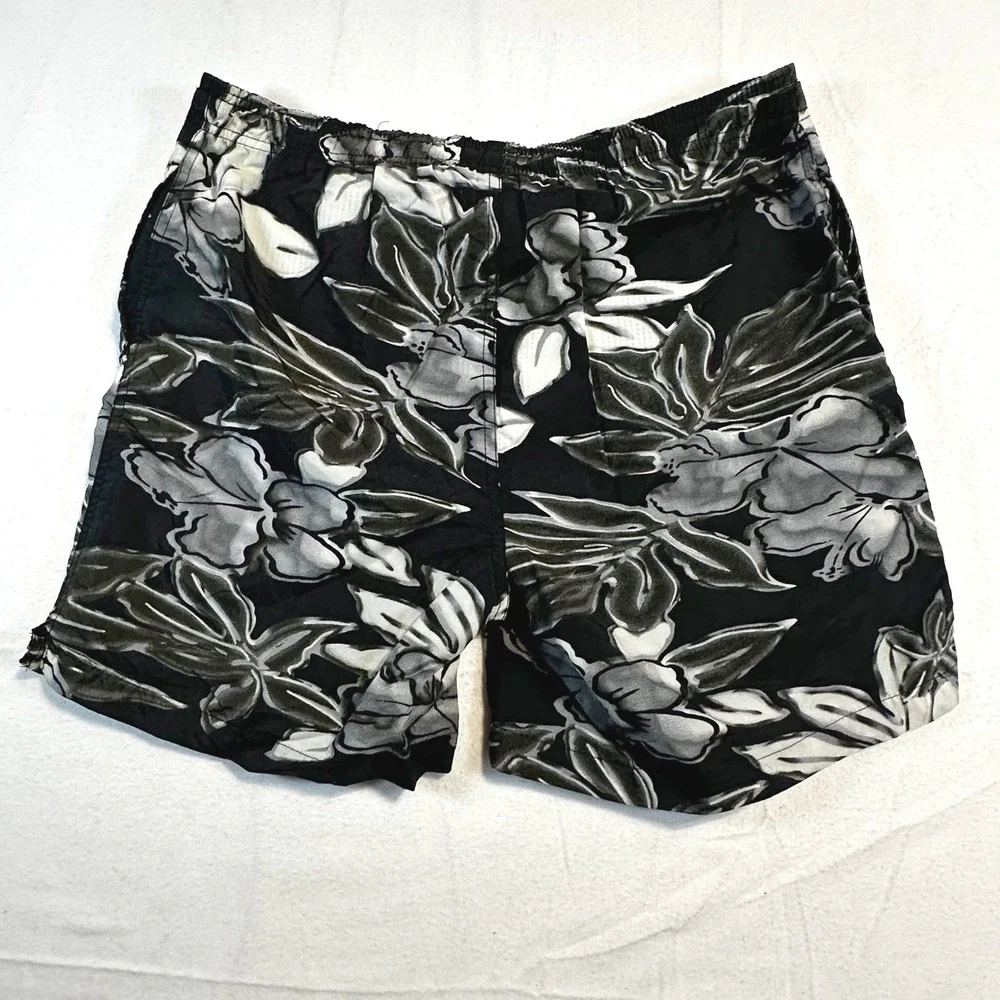 Vintage 90s 00s Triangle Men's‎ Black Floral Swim Trunks Size M Surfcore